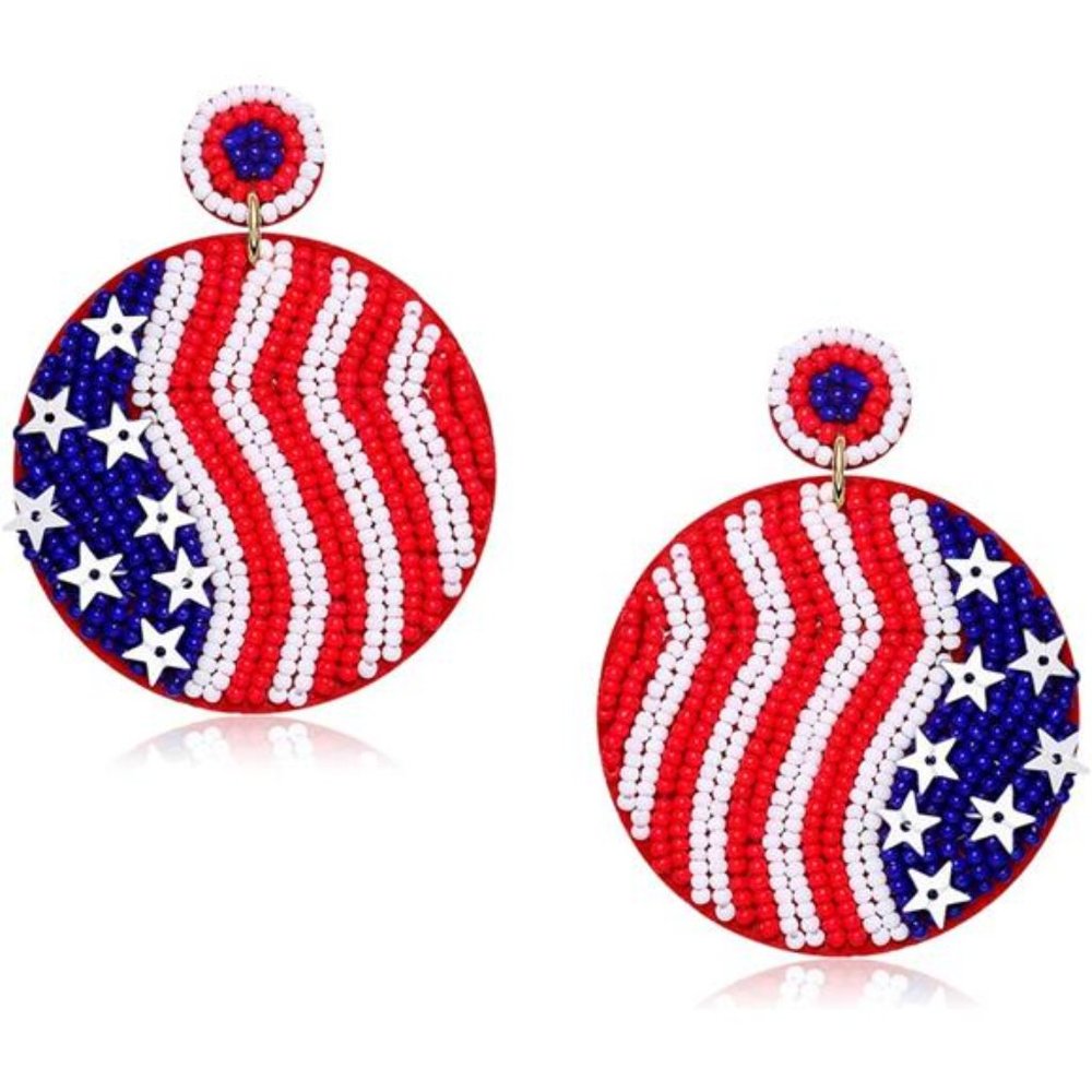 Patriotic 4th of July Earrings Handmade Flag Beaded Drop Earrings Red White Blue - Picture 3 of 8
